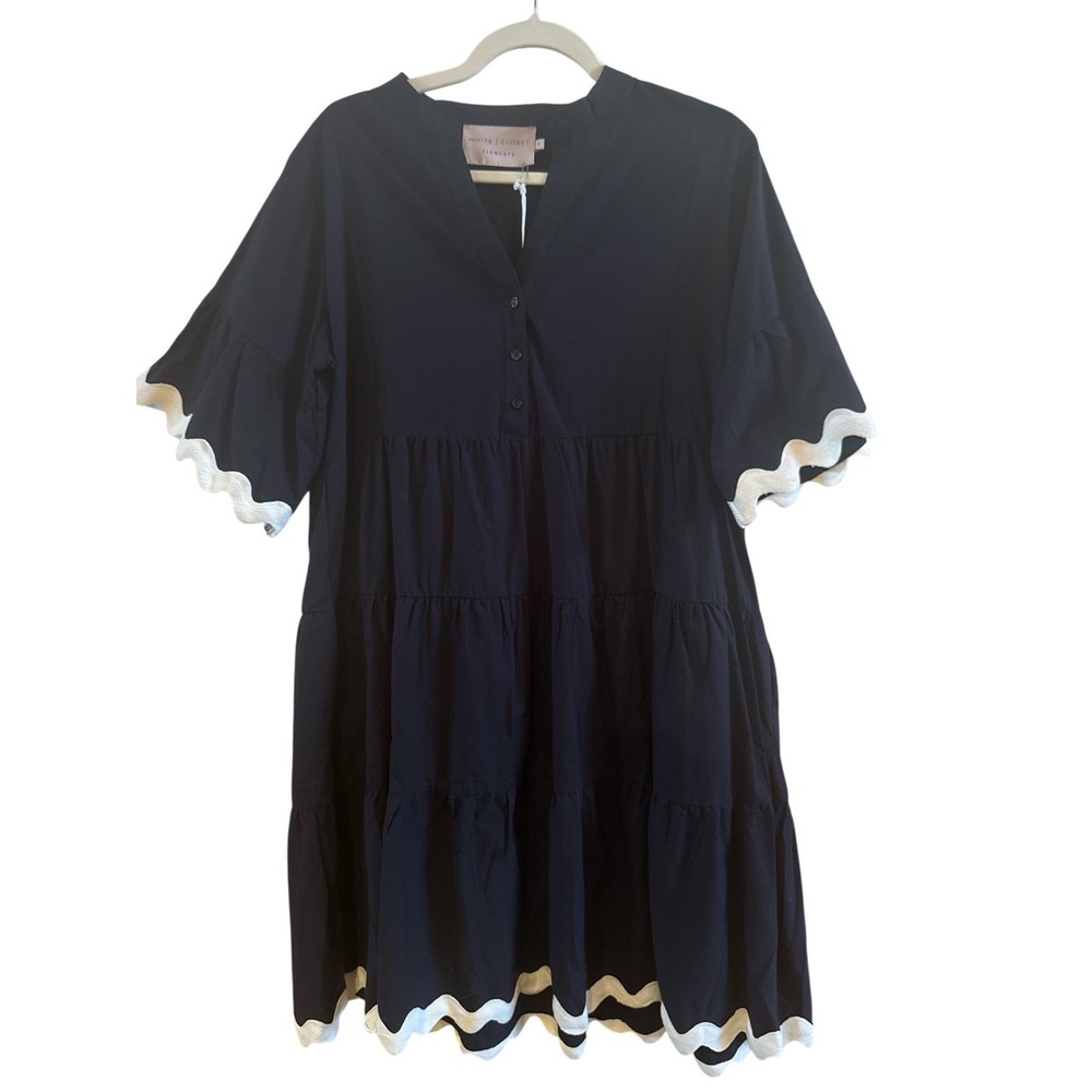 NWT White Closet Elements Cotton Navy White Trim Sleeves Hem‎ Woman's Size Small